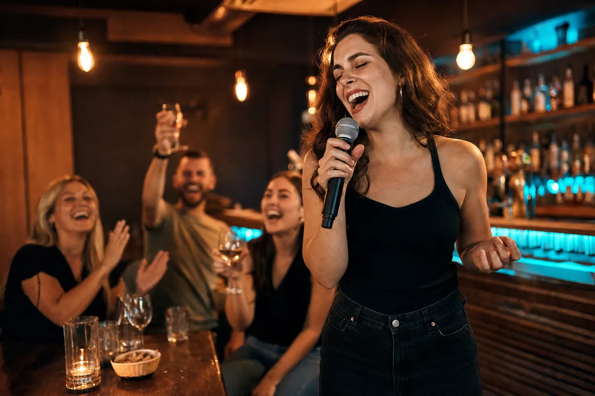 Una donna canta al karaoke in un bar mentre i suoi amici fanno il tifo